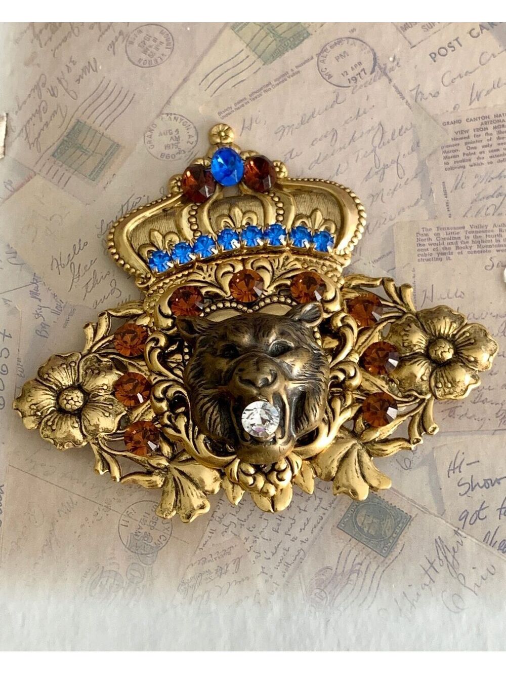 Handmade Magnet Brooch with Swarovski Crystals Regal Lion Crown Brooch